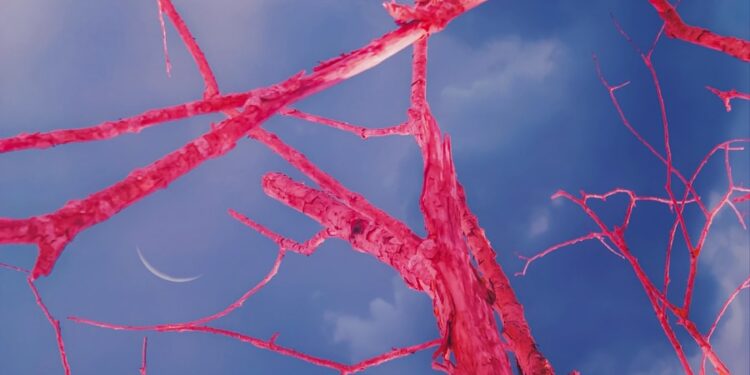 a close up of a tree branch against a blue sky