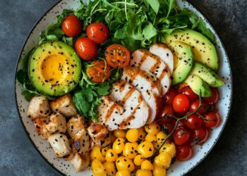 Chicken salad with avocado and tomatoes.