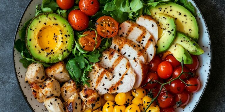 Chicken salad with avocado and tomatoes.