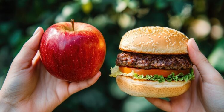ai generated, food choice, healthy, unhealthy, fast food, junk, food, choice, diet concept, nutrition, diet, comparison, healthy food, junk food