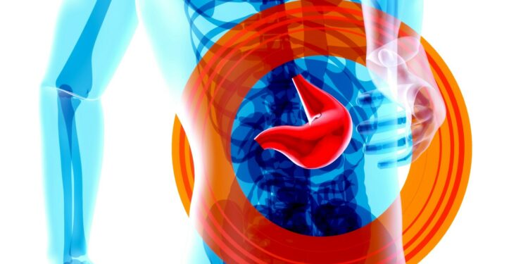 a man with a stomach pain in the shape of a circle