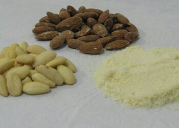 a pile of nuts next to a pile of rice