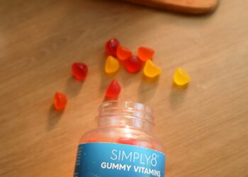 a bottle of gummy vitamins sitting on top of a wooden table