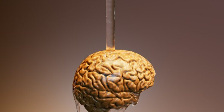 A drop of water with a human brain hanging from it