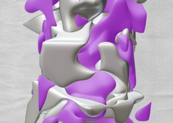 An abstract sculpture with silver and purple shapes.