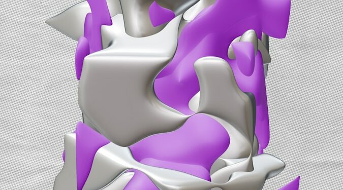 An abstract sculpture with silver and purple shapes.