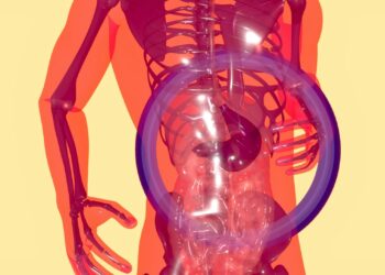 a skeleton with a purple ring around it's neck