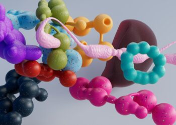 Colorful abstract art of organic-shaped forms.