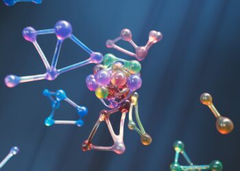 Colorful abstract representation of molecular structures with 3D spheres and connections.