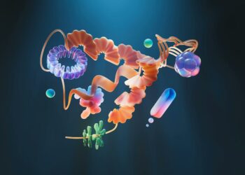A 3D illustration of a colorful abstract molecular structure on a dark background.