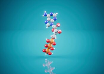 3D molecular model of atp on a blue background.
