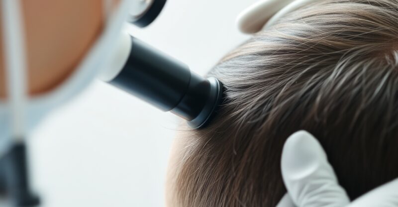 Examen trichoscopique du cuir chevelu et follicules pileux