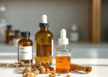Racines séchées de Withania somnifera et flacons d'extraits titrés