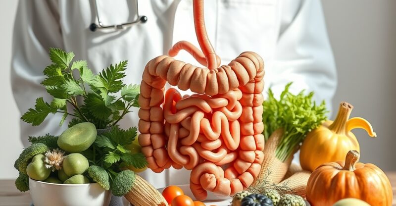 Consultation gastroentérologique et modèle anatomique du côlon avec alimentation riche en fibres