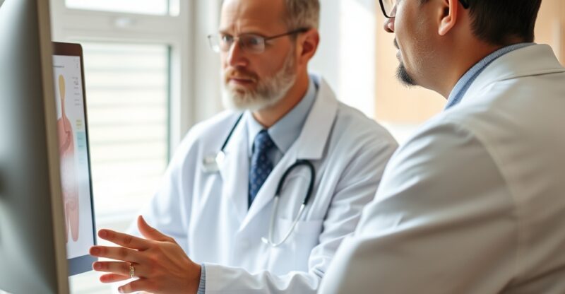 Consultation médicale en gastro-entérologie analysant un schéma anatomique digestif